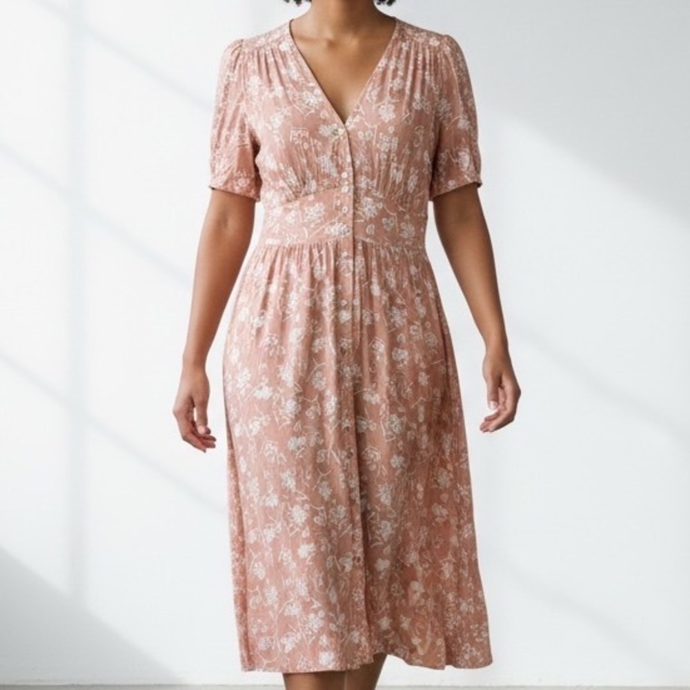 Reserved Peach Floral Button Front Midi Dress UK 12 us 8 feminine tea romantic